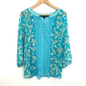 Zac & Rachel Floral Y-Neck Sheer Peasant Blouse